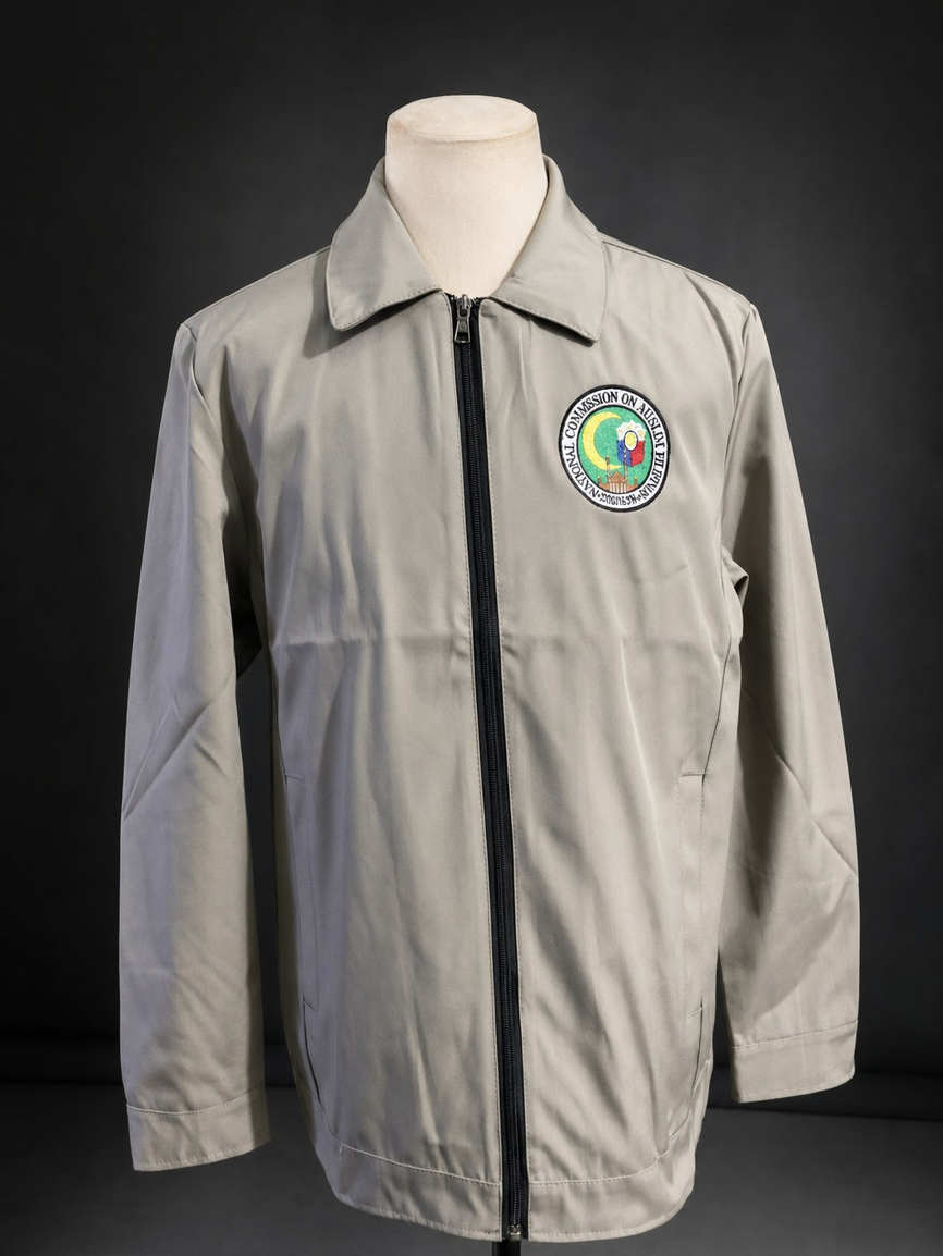 Light corporate jacket with clean collar, zipper, and logo placement